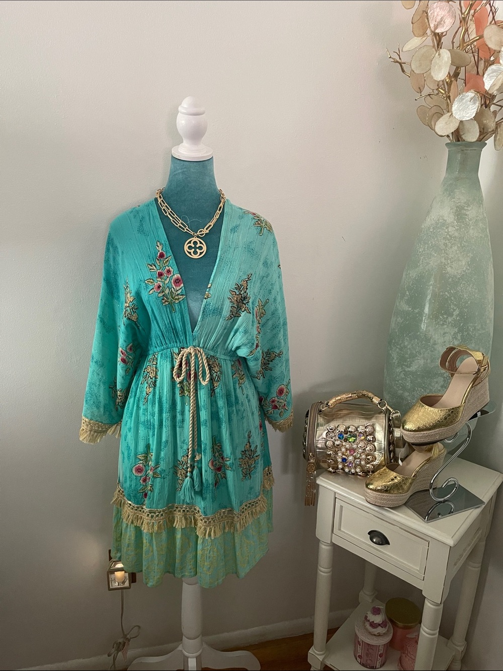 Zury Turquoise Floral Embroidered Dress